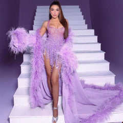 Feather Cloak Sleeves Open Back Prom Dress