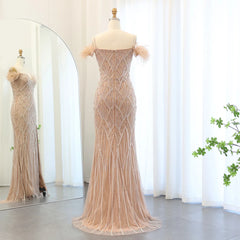 Feathers Beaded Long Prom Formal Gowns