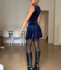 Round Neck Bow Velvet Blue Dress