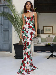 Halter Backless Print Sleeveless High Waist Long Dress