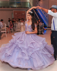 Lace Embroidery Glitter Fluffy Ruffle Purple Evening Dresses