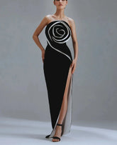 3D Flower Strapless Asymmetric Black Maxi Dress
