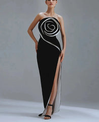 3D Flower Strapless Asymmetric Black Maxi Dress
