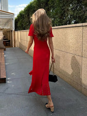 Ribbed Contrast Collar Short Sleeve Buttoned Midi Dress