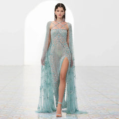 Aqua Mermaid Evening Gown with Cape Sleeves
