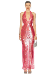 Halter Sheer Sequins Long Dress