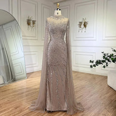 Beaded Lace Mermaid Gown with Cape Sleeves