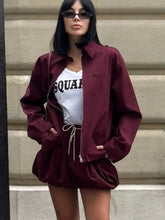 Zipper Lapel Burgundy Color Jacket and Skirt Suit
