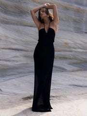 Solid Backless Halter Knit Slit Maxi Dress