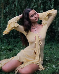 Summer Slim-Fit See-Through V-Neck Long Sleeve Dress