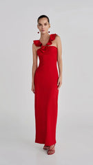 Red Flower Ruffles Strap Maxi Dress