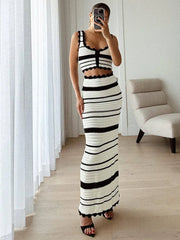 Striped Contrast Knitted Top and Long Skirt Set