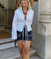 White Ruffle Tied Long Sleeve Women's Blouse