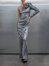 One Shoulder 3D Flower Sequin Dress