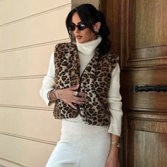 Leopard Print Faux Fur Sleeveless Jacket