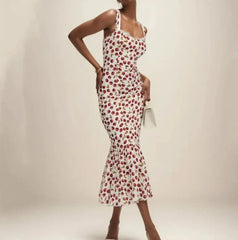 Cherry Print Ruffles Hem Trumpet Midi Dress