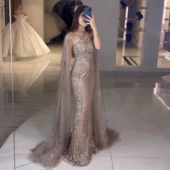 Aqua Mermaid Evening Gown with Cape Sleeves