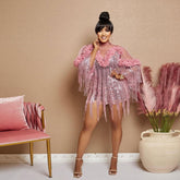 Sequined Tassel Evening Dress Short Sleeve Party