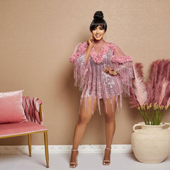 Vestido de noche con borlas y lentejuelas, manga corta, para fiesta