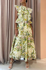 Backless Print Lace up Large Swing Dress for