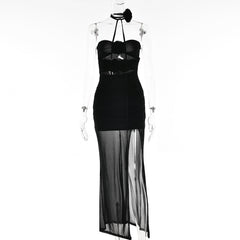 Backless Tube Top Maxi with Side Slit Hollow Out Cutout out See through Dress High Split