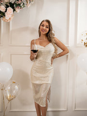 Bling Sequ Dress High Slit to Thigh Drape Halter Dress Cocktail Dress