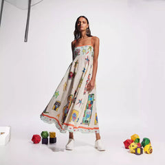 Graffiti Cotton Linen Printing Positioning Sling Swing Dress