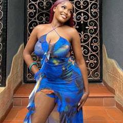 Halter Dress Sleeveless Printed Cut out Ruffled Mid Waist Pullover Asymmetric