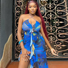 Halter Dress Sleeveless Printed Cut out Ruffled Mid Waist Pullover Asymmetric