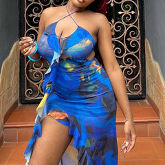 Halter Dress Sleeveless Printed Cut out Ruffled Mid Waist Pullover Asymmetric