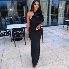 Halter Dress Solid Color Sleeveless Stitched Backless Asymmetric