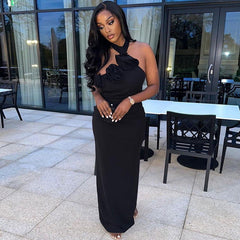 Halter Dress Solid Color Sleeveless Stitched Backless Asymmetric