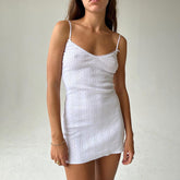 Lace V neck Backless Strap Cotton Dress for