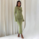 Long Sleeve round Neck Stitching Ruffle Horn Long Sleeve Narrow Slim Fit Maxi Dress