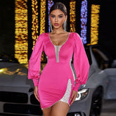 Vestido de noche de discoteca de manga larga con costuras de diamantes de imitación