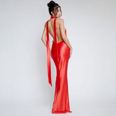 Solid Color Deep V Plunge neck Halter Lace up Backless Sheath Dress