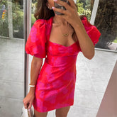 Square Neck Puff Sleeves Jacquard Dress Cross Backless Slim Fit Hip Wrapped Dress