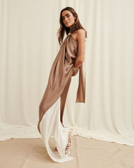 Stitching Halter Satin Dress Evening Dress