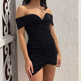 V Neck Off Shoulder Dress High Sense Ladies Party Hip Dress