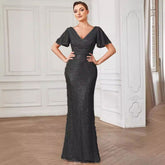 V Neck Sequ Floor Length Evening Dress Elegant Split Cocktail Party Party Dress