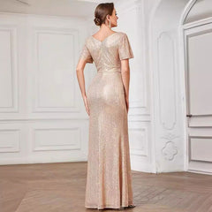 V Neck Sequ Floor Length Evening Dress Elegant Split Cocktail Party Party Dress