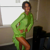 Wear Solid Color Round Neck Long Sleeve Backless High Slit Dress