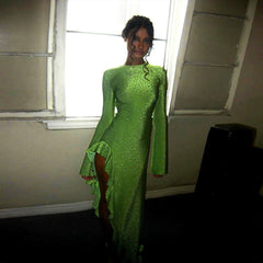 Wear Solid Color Round Neck Long Sleeve Backless High Slit Dress