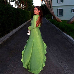 Wear Solid Color Round Neck Long Sleeve Backless High Slit Dress