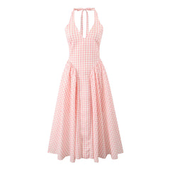 Pink White Plaid Bow Halter V Collar Midi Dress