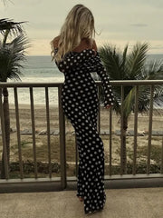 Polka Dots Off Shoulder Long Sleeves Maxi Dress