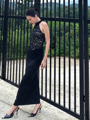 Halter Neck Lace Patchwork Black Maxi Dress
