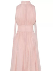 Ribbon Sleeveless Pleated Solid Long Dress