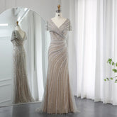 Silver Mermaid Evening Dress with Cap Sleeves