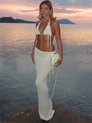 Floral Tassel Open Back Knitwear Long Skirt Sets